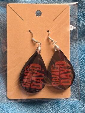 Black Teardrop Football 'Game Day' Earrings with Red Accent